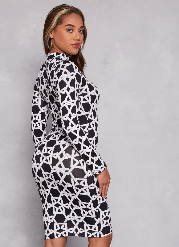 Printed Mock Neck Long Sleeve Dress