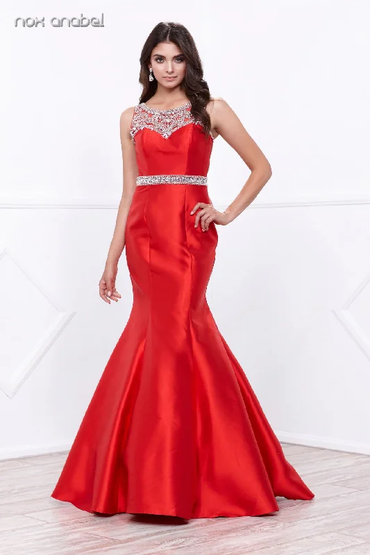 ELEGANT GEMSTONE EMBELLISHED ILLUSION BACK TRUMPET PROM DRESS 8299 BY NARIANNA