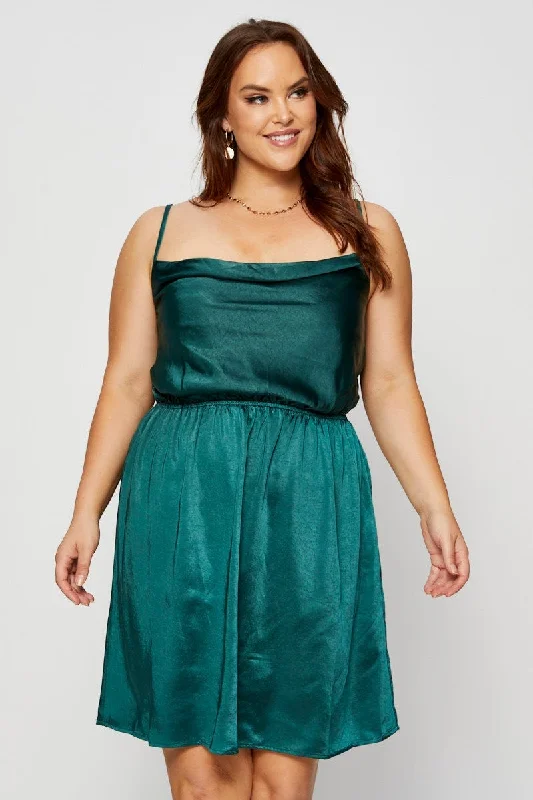 Green Mini Satin Dress Cowl Neck Sleeveless