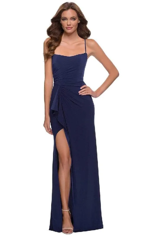 La Femme - Strappy Ruffle Accent High Slit Dress 29735SC - 1 pc Navy In Size 00 Available