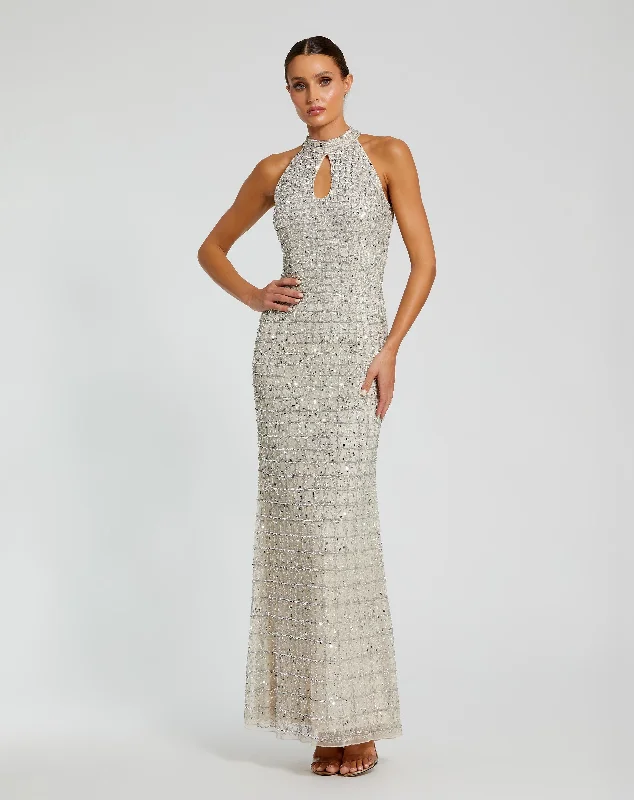 Embellished Halter Neck Keyhole Gown