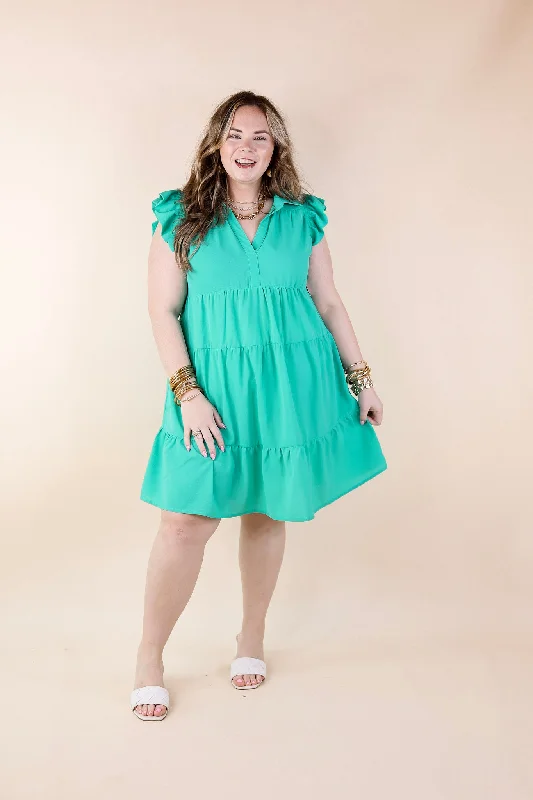 All Of A Sudden Ruffle Cap Sleeve Short Dress in Mint Green