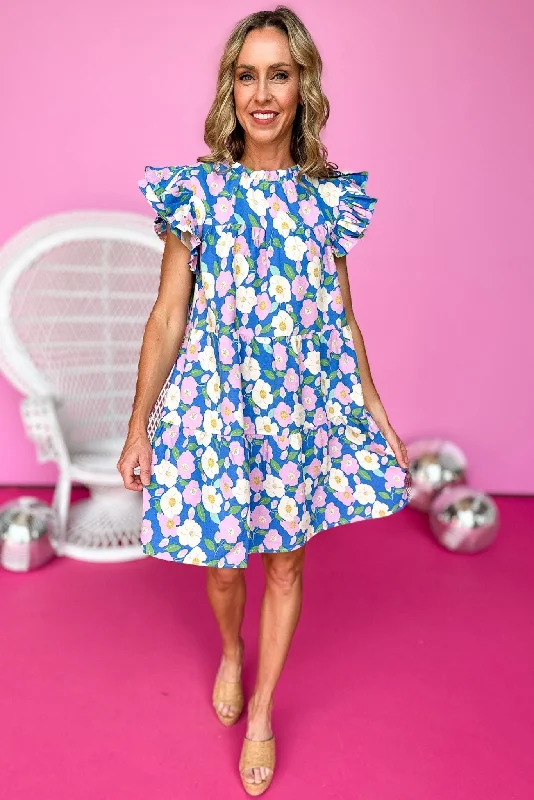 Blue Pink Floral Frill Neck Ruffle Sleeve Shift Dress