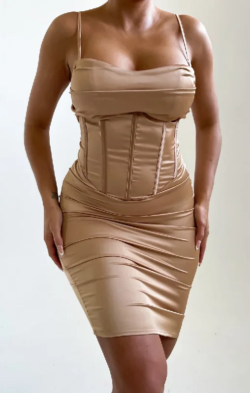 Champagne Satin Strappy Cowl Neck Corset Mini Dress - Evie