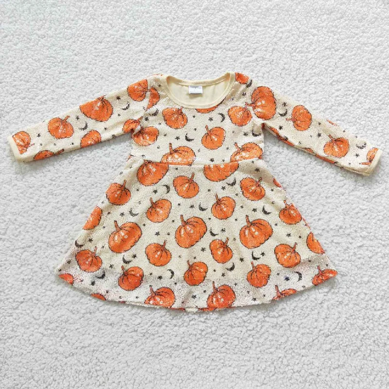 Girl fall long sleeve pumpkin sequined dress GLD0271