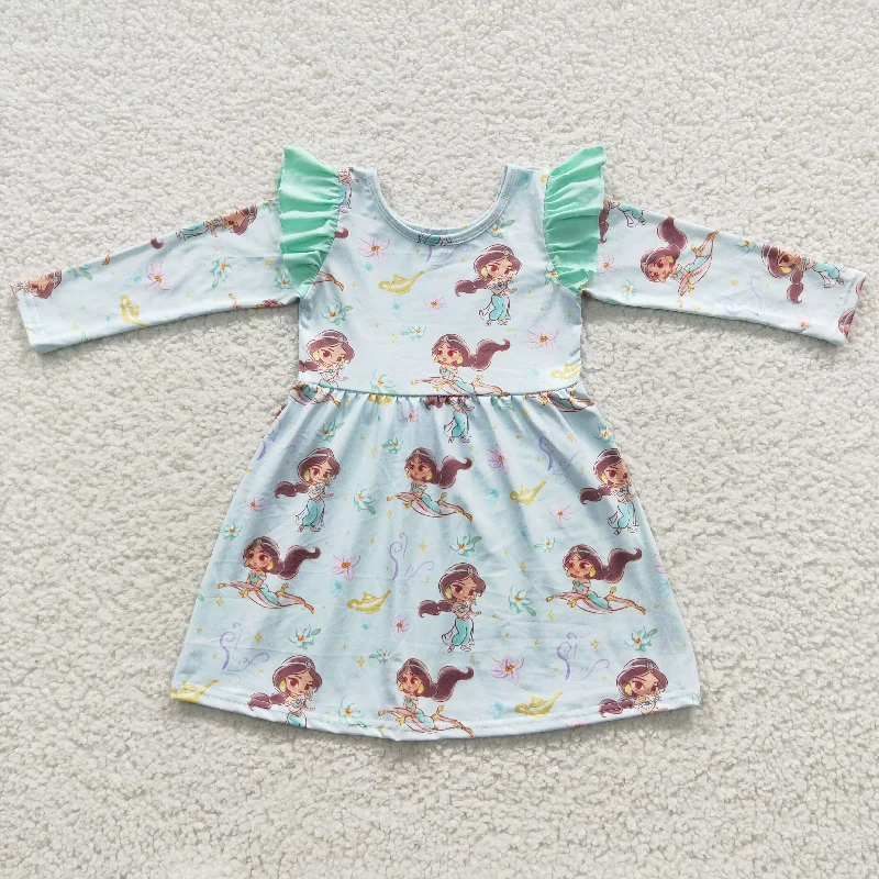 Girls cartoon princess mint green long sleeve dress GLD0253