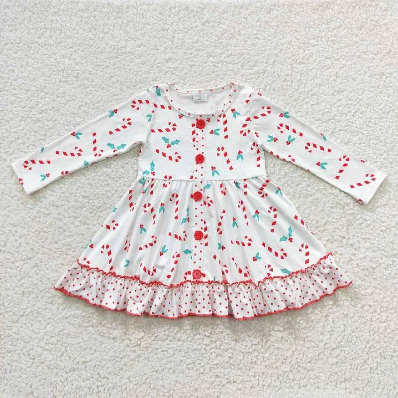 Girls christmas white candy button long sleeve dress GLD0268