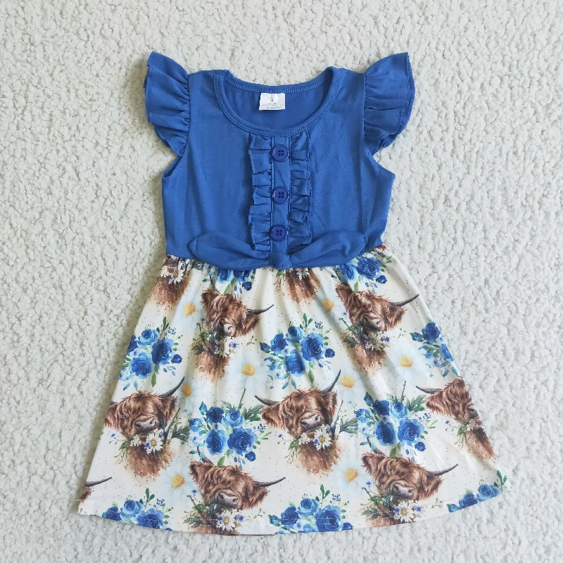 Highland Cow Blue Flutter Sleeve Dresses