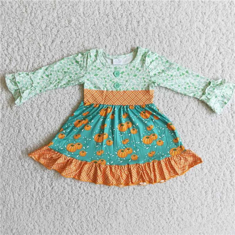 kids pumpkin printed green long sleeve Dress 6 A14-26