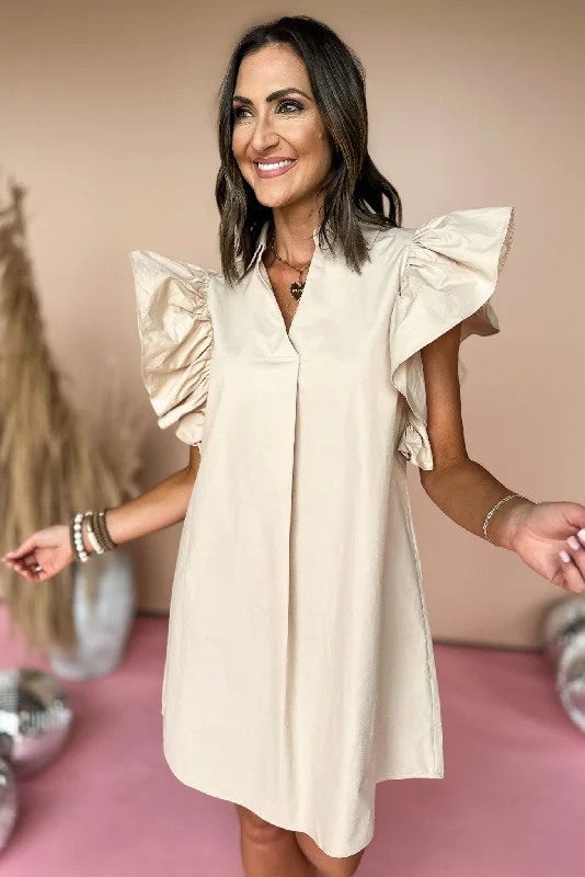 SSYS Taupe Ruffle Shoulder Poplin Dress