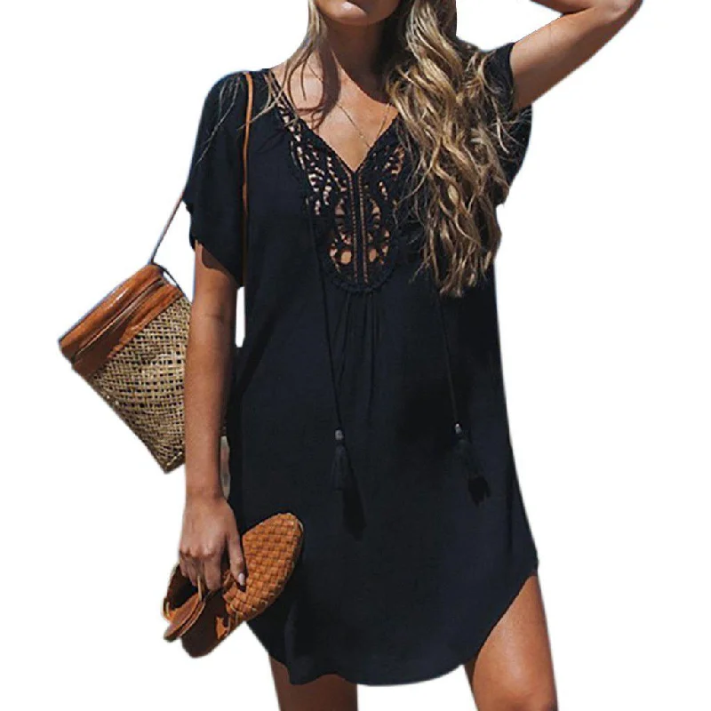 FashionSierra - Women Short Sleeve Loose Mini Dress Ladies Summer Shirt Solid Casual V-Neck Holiday Beach Dress Sundress