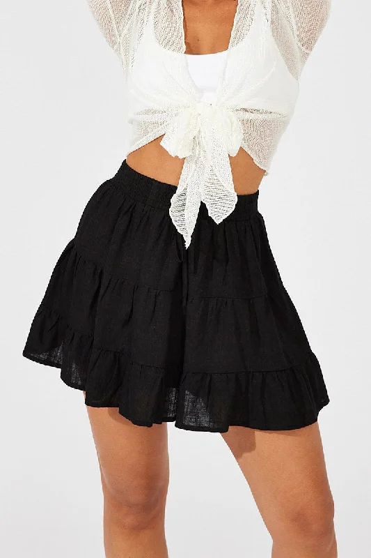 Black Skater Skirt Mini Linen Blend