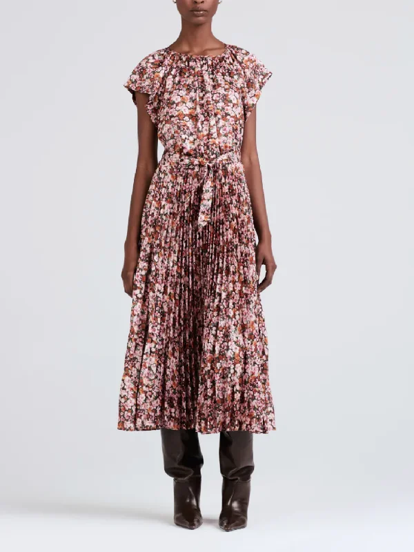 Shop Smart, Save Big!DEMETRIA FLUTTER SLEEVE MIDI DRESS IN BURGUNDY MULTI