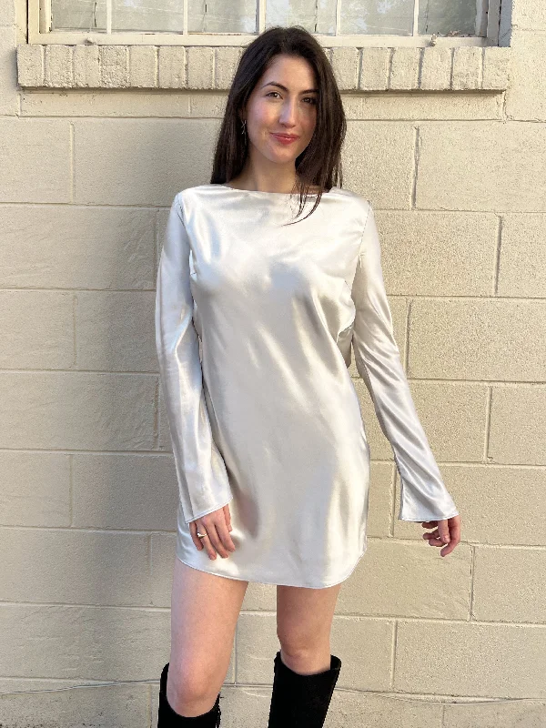 One Click Away from Big Savings!Kim Open Back Long Sleeve Mini Dress - Silver