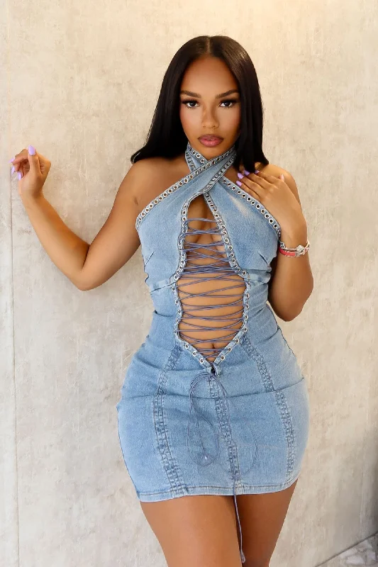 Shop Smart, Save Big!Monroe Cross Halter Denim Mini Dress