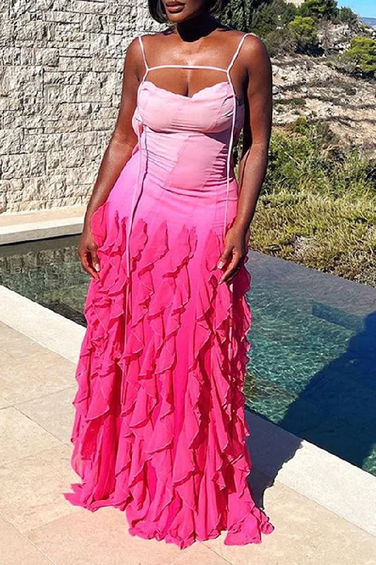 Sale Alert – Get Ready to Shop!Gradient Cute Strappy Ruffle Decor Maxi Dress