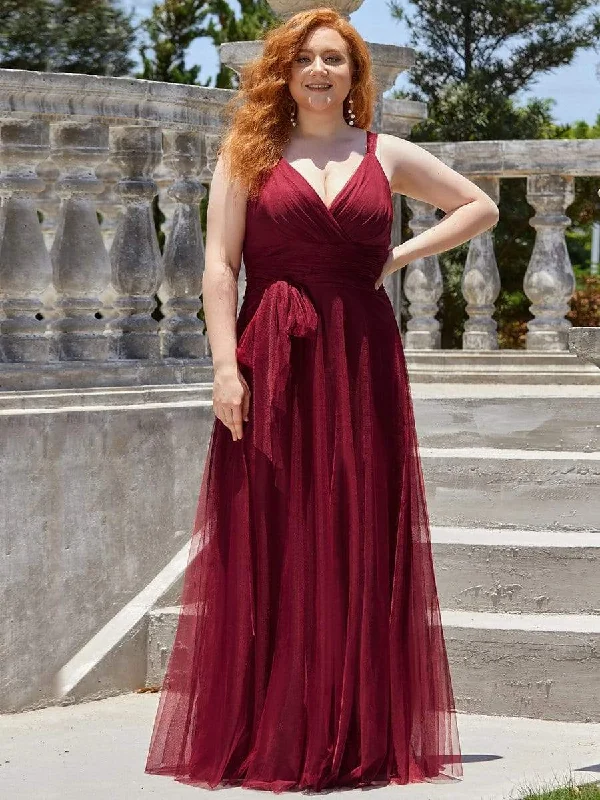 Limited Edition, Limited Price!Plus Size Double V Neck Maxi Tulle Bridesmaid Dress