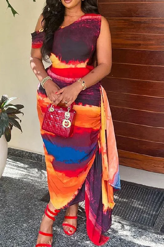 Save More When You Shop More!Tie Dye Oblique Collar Pretty Side Train Irregular Maxi Dress