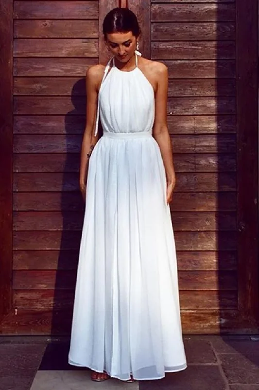 Your Best Deals Are Here!A Line Halter Neck White Long Prom Dress, Halter Neck White Formal Graduation Evening Dress, White Bridesmaid Dress   cg18822