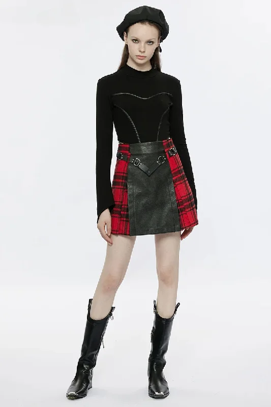 Exclusive Deals Just for You!Metal Buckle Black+Red Mini Splicing Daily Skirt Personality A-Line Women's Rivet Belt Plaid