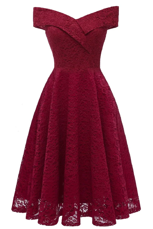 Get More, Spend Less – Shop Now!Burgundy Lace Bridesmaid Gown Short Party Dress with Off-the-shoulder