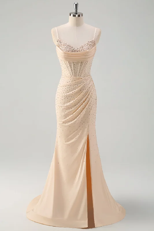 Price Drops You’ll Love!Glitter Yellow Mermaid Spaghetti Straps Beaded Long Corset Prom Dress with Slit