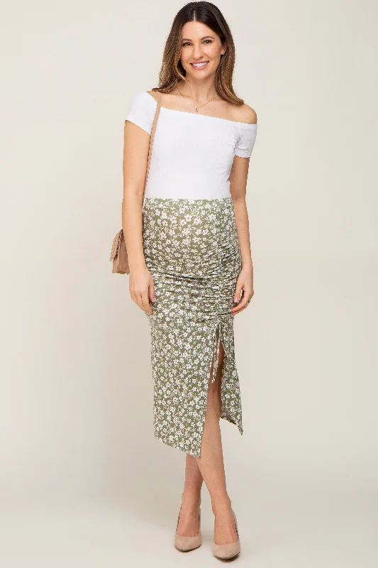Upgrade for Less!Light Olive Floral Drawstring Front Maternity Midi Skirt