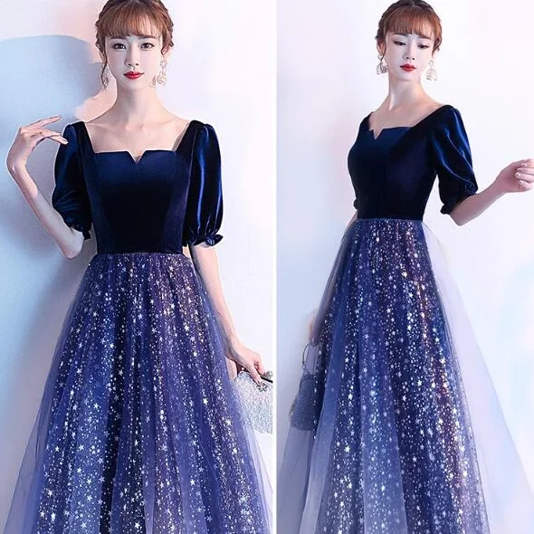 Great Deals, Just for You!Navy Blue Shiny Tulle And Velvet Long Bridesmaid Dress, Wedding Party prom Dress   cg10818