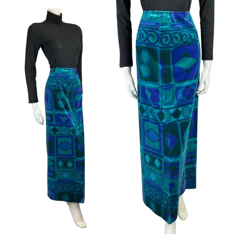 Enjoy Huge Discounts Now!VINTAGE 60s 70s BLUE GREEN GEOMETRIC PANELLED MOD VELOUR MAXI SKIRT 8 10